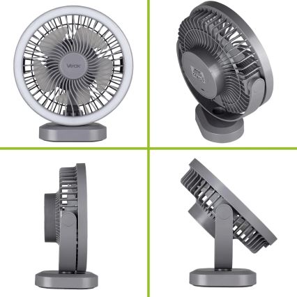 LED Nabíjací stolný ventilátor s LED osvetlením LED/3W/5V USB 2400 mAh sivá
