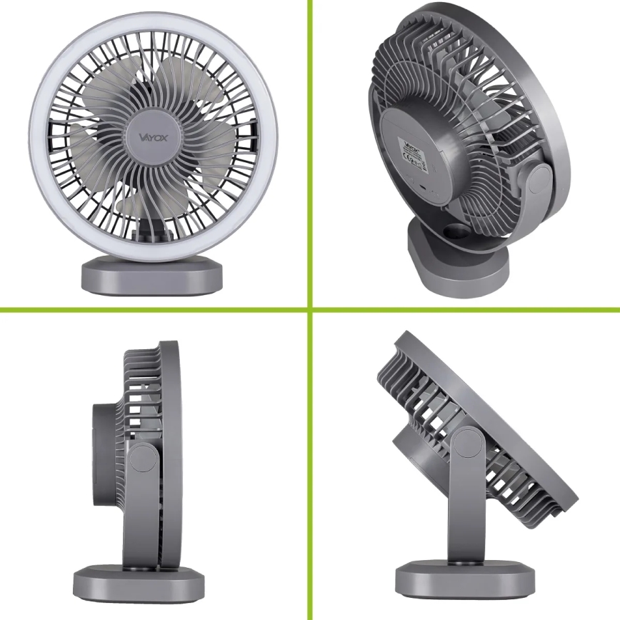 LED Nabíjací stolný ventilátor s LED osvetlením LED/3W/5V USB 2400 mAh sivá