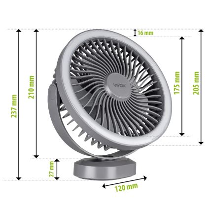 LED Nabíjací stolný ventilátor s LED osvetlením LED/3W/5V USB 2400 mAh sivá