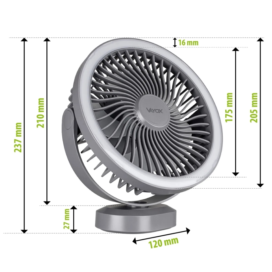 LED Nabíjací stolný ventilátor s LED osvetlením LED/3W/5V USB 2400 mAh sivá