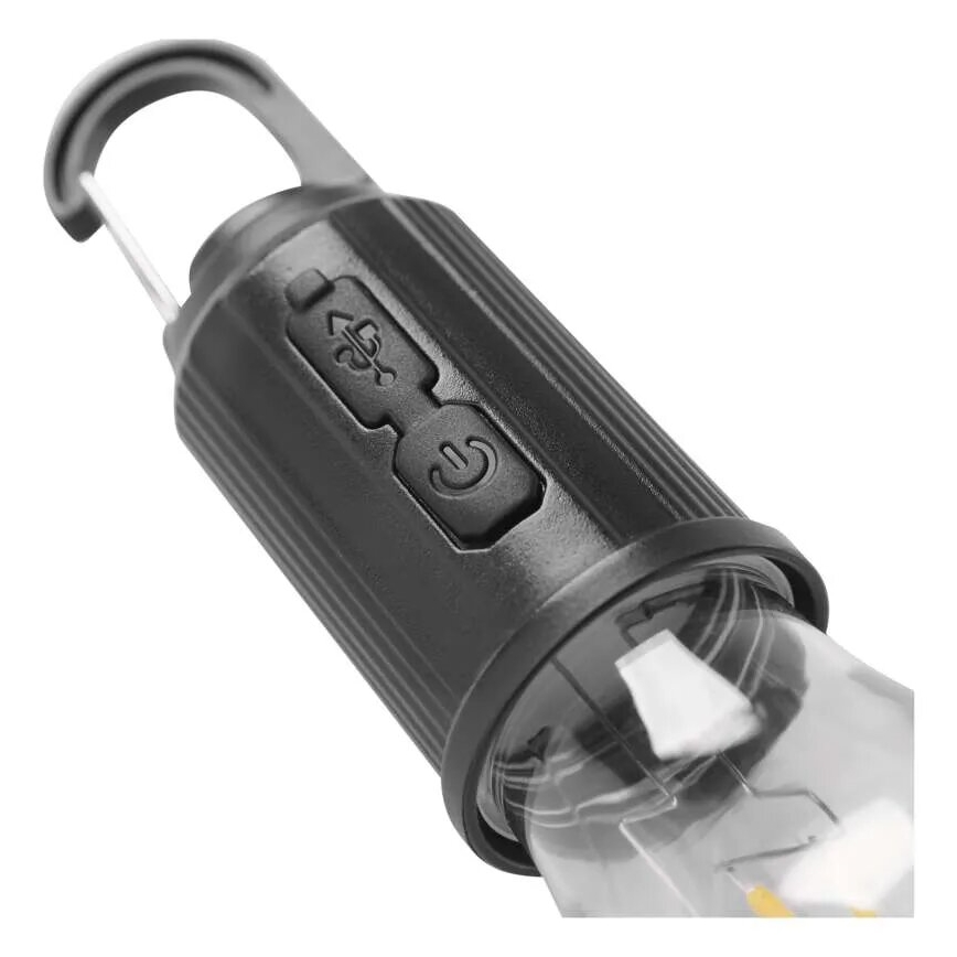 Prenositelná LED lampa s háčikom má dva tlačidlá: jedno pre zapnutie/vypnutie a druhé pre reguláciu jasu. Telo lampy je čierne, valcovité s ryhovaným povrchom. Spodná časť je priehľadná a ukazuje LED žiarovku.