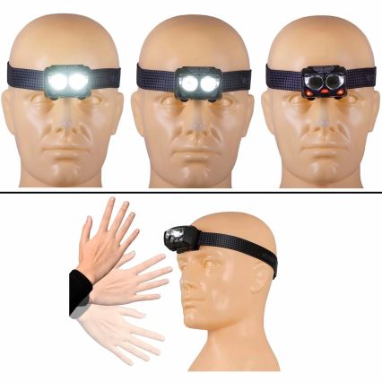 LED Stmievateľná nabíjacia čelovka so senzorom a červeným svetlom 2xLED/5W/5V/3xAAA IP65 500 lm 1200 mAh