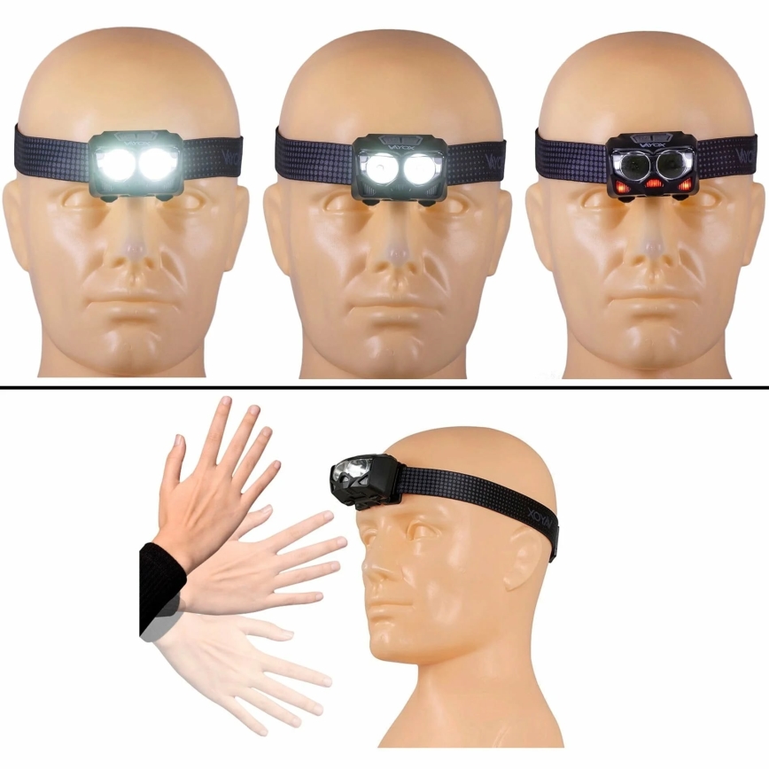 LED Stmievateľná nabíjacia čelovka so senzorom a červeným svetlom 2xLED/5W/5V/3xAAA IP65 500 lm 1200 mAh