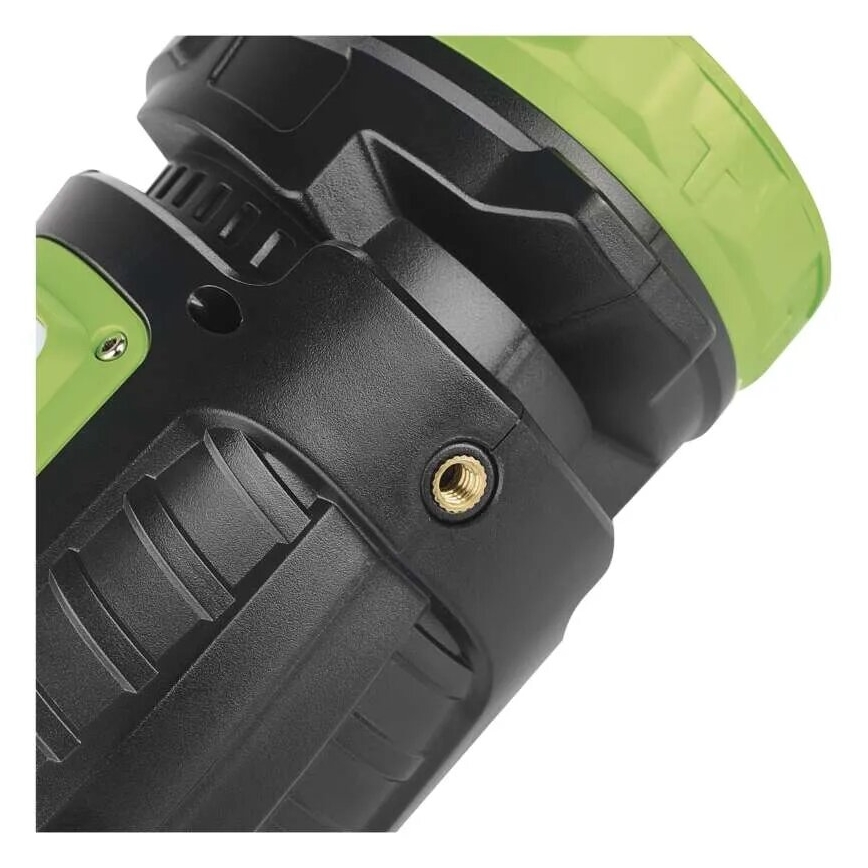 Čelovka s viditeľným závitom na boku, prevažne čiernej farby s limetovými detailmi, je zachytená v detailnom zábere na bielom pozadí.