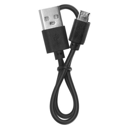 Krátky čierny USB kábel s konektormi USB-A a micro-USB je zložený do slučky na bielom pozadí.