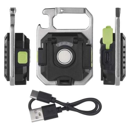 Prezentácia prenosnej svietidla s karabínou. Svietidlo má stlačný vypínač, magnetické uchytenie a USB-C port na nabíjanie. Súčasťou balenia je aj USB kábel.