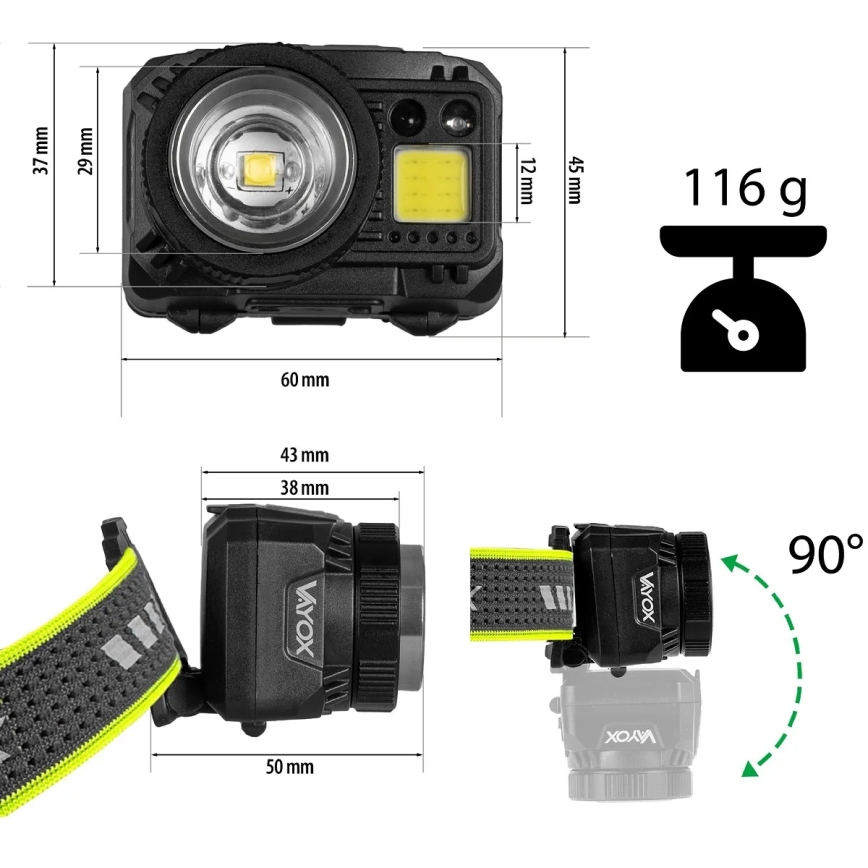 Čelovka s otvoreným priestorom na batérie. Vloženie troch AAA batérií Varta Industrial Pro alebo jednej 1200 mAh batérie. Čelovka je pripevnená k hlavovému pásiku.