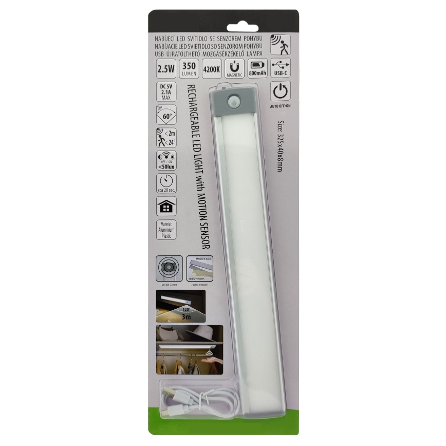 LED Nabíjateľné osvetlenie nábytku so senzorom LED/2,5W/5V USB 800 mAh 4200K 32,5 cm