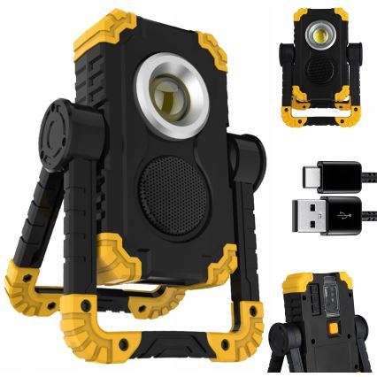 LED nabíjateľný reflektor s reproduktorom a funkciou powerbanky LED/10W/5V 4400 mAh IP44 čierna/žltá