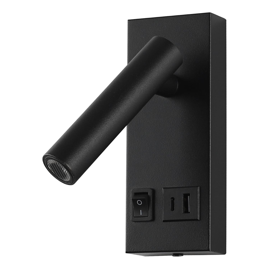 LED Nástenné bodové svietidlo s USB LED/2W/230V čierna