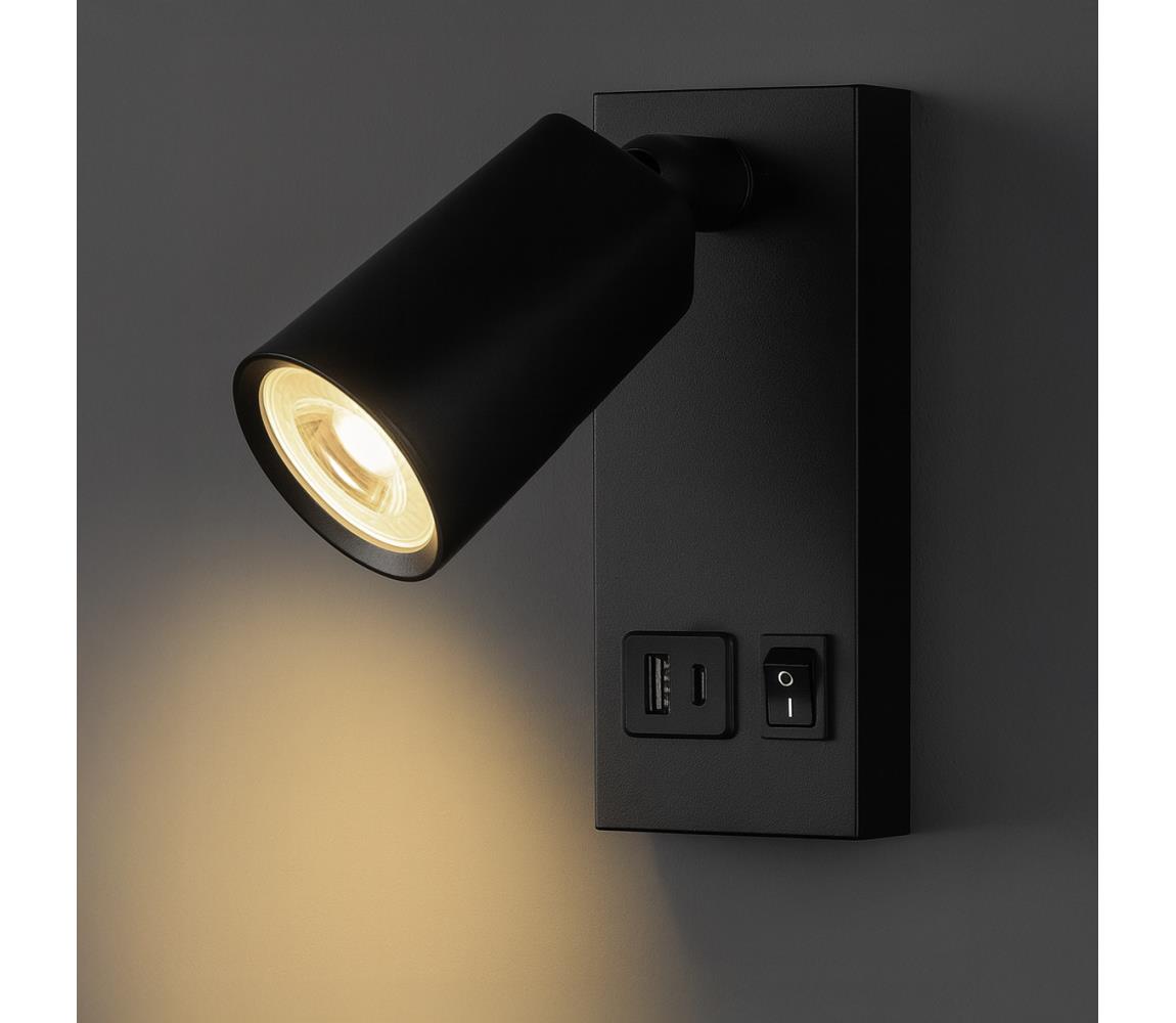 Eurolamp LED Nástenné bodové svietidlo s USB nabíjaním LED/5W/230V čierne 145-22070