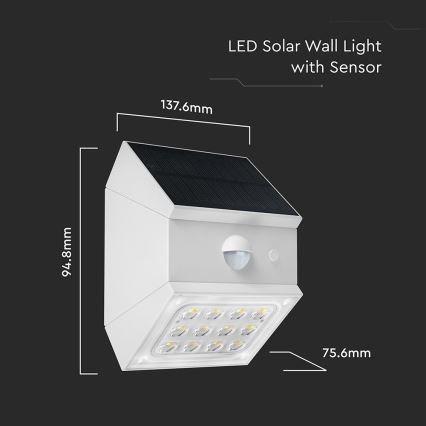 LED Nástenné solárne svietidlo so senzorom LED/2,5W/3,7V 3000/4000/6000K IP65 1200 mAh biele