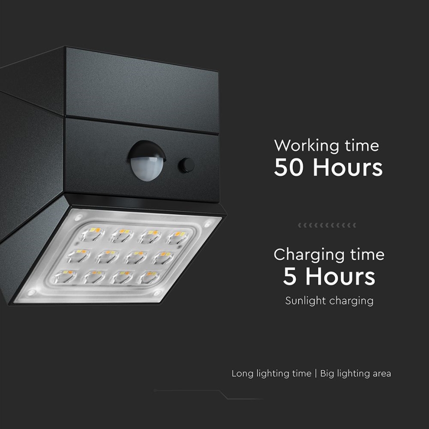LED Nástenné solárne svietidlo s čidlom LED/2,5W/3,7V 3000/4000/6000K IP65 1200 mAh čierne
