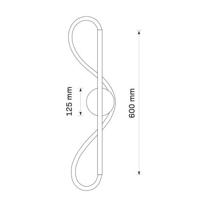 Technický výkres svietidla zobrazuje tvarovo prehnutú konštrukciu s guľou v strede. Rozmery sú 600 mm na výšku a 125 mm na šírku.