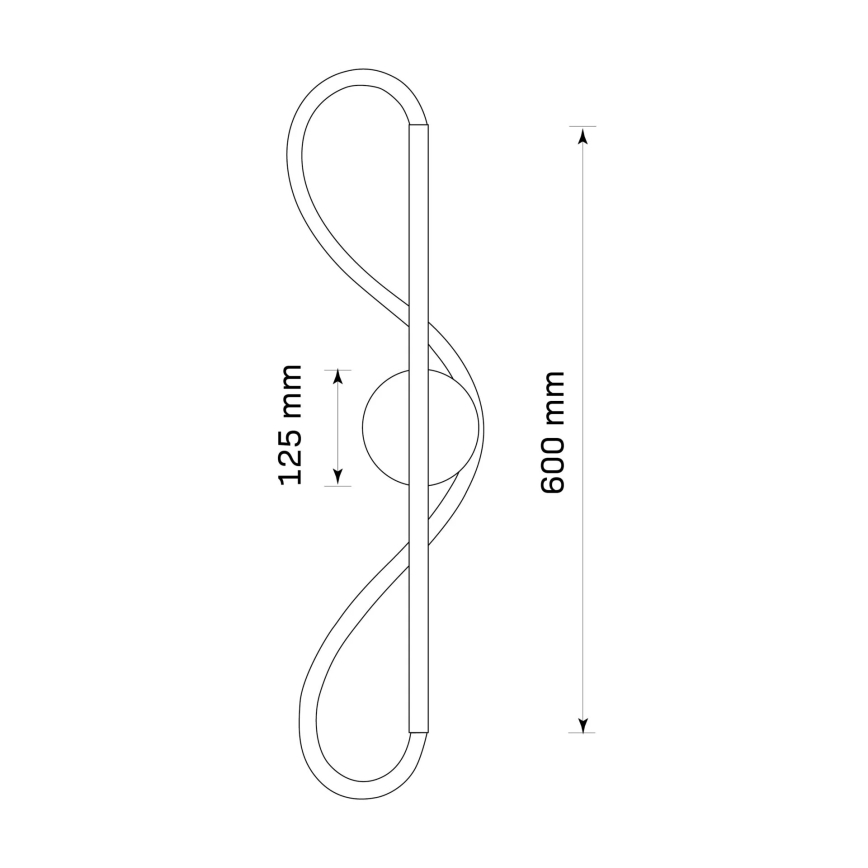 Technický výkres svietidla zobrazuje tvarovo prehnutú konštrukciu s guľou v strede. Rozmery sú 600 mm na výšku a 125 mm na šírku.