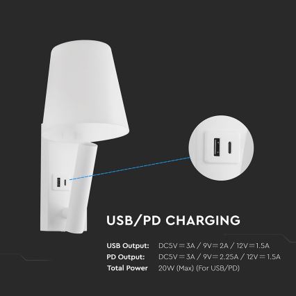 LED nástenné svietidlo s USB portom LED/2W/230V 3000K biela