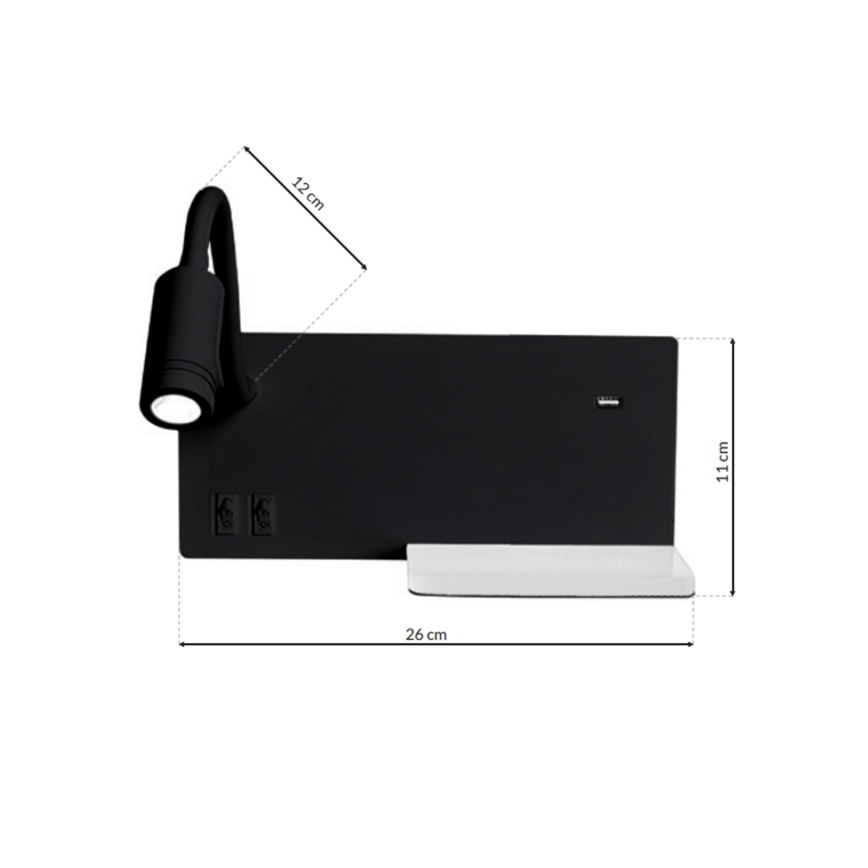 LED Nástenné svietidlo SHELF 1xLED/4W+1xLED/5W+1xLED/2W/230V čierna