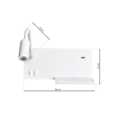 LED Nástenné svietidlo SHELF 1xLED/4W+1xLED/5W+1xLED/2W/230V + USB port biela