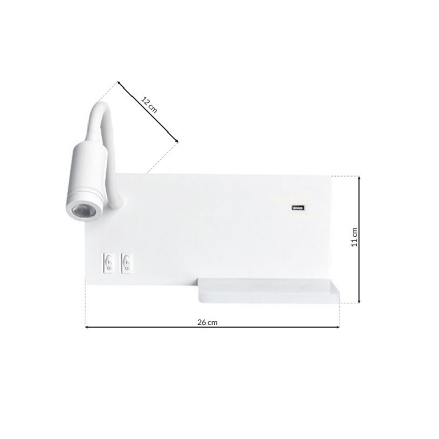 LED Nástenné svietidlo SHELF 1xLED/4W+1xLED/5W+1xLED/2W/230V + USB port biela