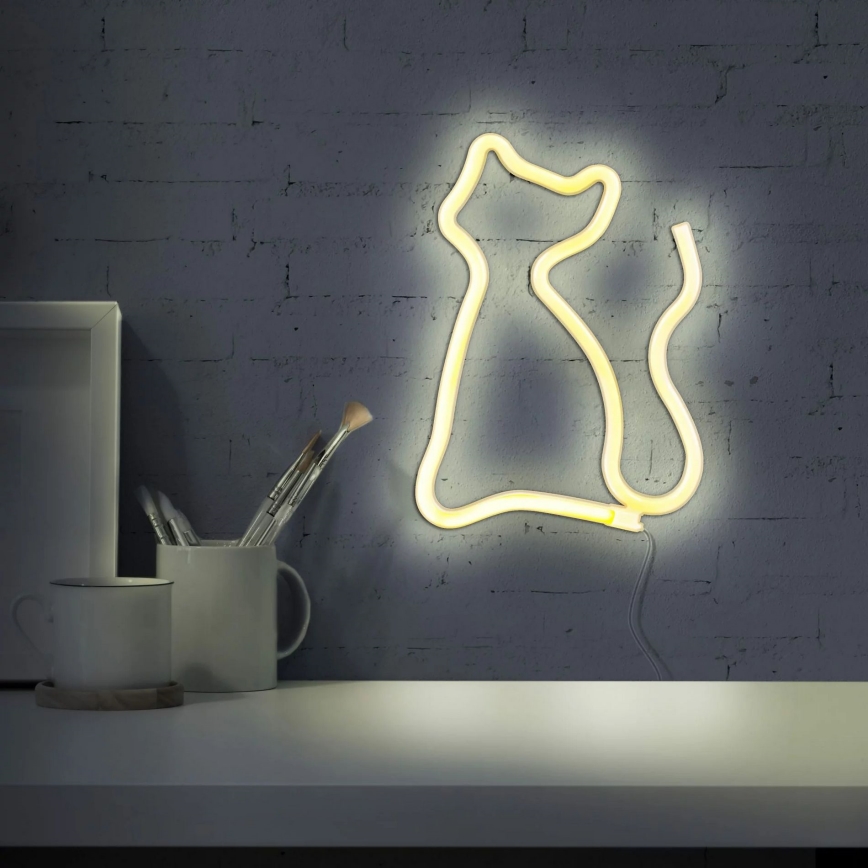 LED Neónová nástenná dekorácia CAT LED/3W/3xAA USB žltá