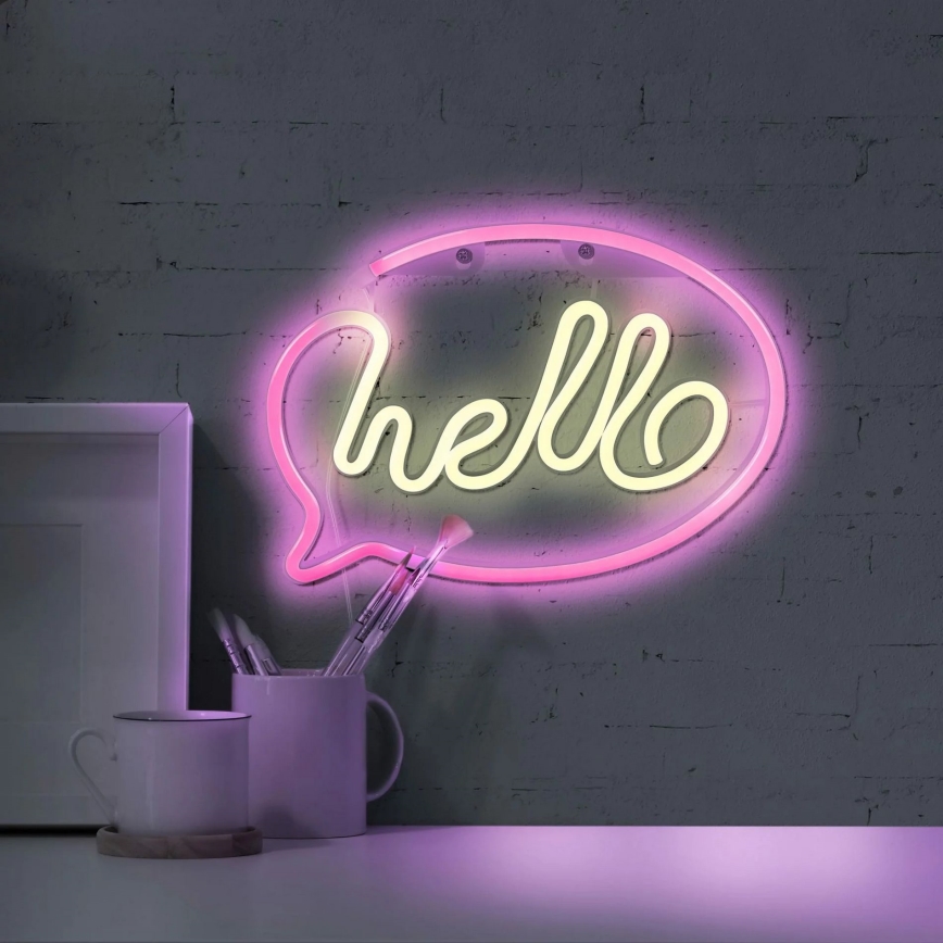 LED Neónová nástenná dekorácia HELLO LED/3W/3xAA USB ružová