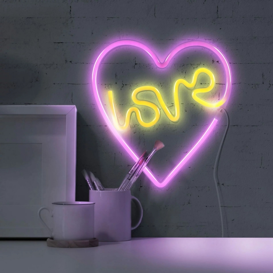 LED Neónová nástenná dekorácia LOVE LED/3W/3xAA USB ružová