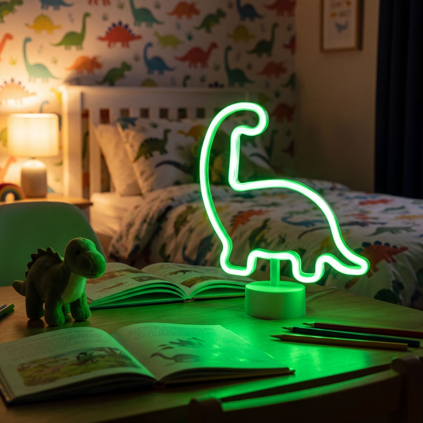 LED neónová stolná dekorácia LED/2W/3xAA USB dinosaurus