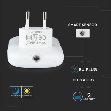 LED Nočné svetlo so senzorom súmraku do zásuvky 2xUSB LED/0,45W/230V 3000K