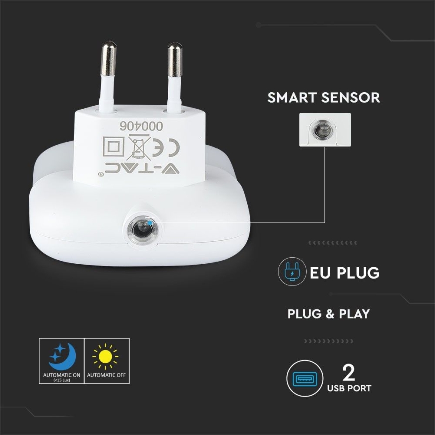 LED Nočné svetlo so senzorom súmraku do zásuvky 2xUSB LED/0,45W/230V 3000K