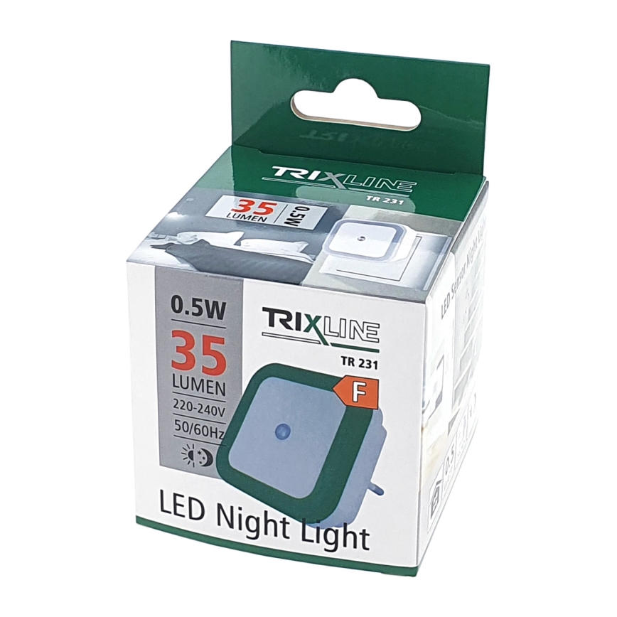 LED nočné svetlo Trixline TR 231, 0,5W, 35 lúmenov, 220-240V, 50/60Hz, je zabalené v kartónovej krabičke.