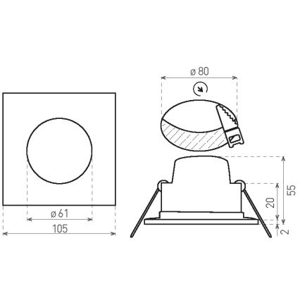 Technický výkres zapusteného bodového svetla. Svetlo sa skladá z kruhového difúzora a štvorcového rámu s rozmermi 105x105 mm a otvorom o priemere 61 mm. Celková výška svetla je 55 mm, priemer 80 mm.