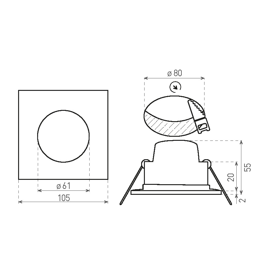 Technický výkres zapusteného bodového svetla. Svetlo sa skladá z kruhového difúzora a štvorcového rámu s rozmermi 105x105 mm a otvorom o priemere 61 mm. Celková výška svetla je 55 mm, priemer 80 mm.