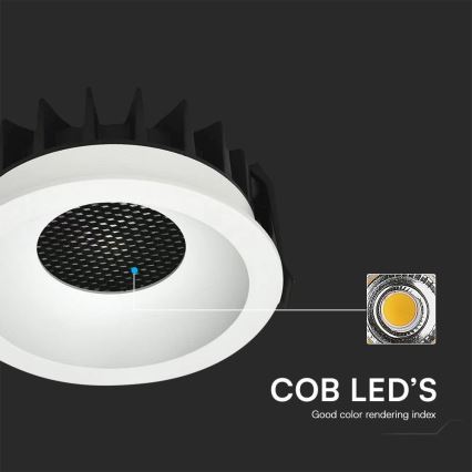 LED svietidlo s bielym difúzorom a čiernym chladičom je zobrazené zhora. Svietidlo má v strede mriežku. Pod svietidlom je uvedené: COB LED's, Good color rendering index.