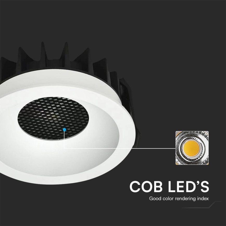LED svietidlo s bielym difúzorom a čiernym chladičom je zobrazené zhora. Svietidlo má v strede mriežku. Pod svietidlom je uvedené: COB LED's, Good color rendering index.