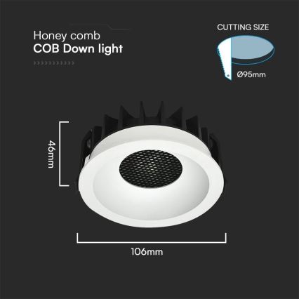 Svietidlo Honey comb COB Down light s priemerom 106 mm a výškou 46 mm je zobrazené zhora. Má biely difúzor s čiernou mriežkou. Je uvedená aj potrebná veľkosť otvoru pre montáž - Ø95mm.