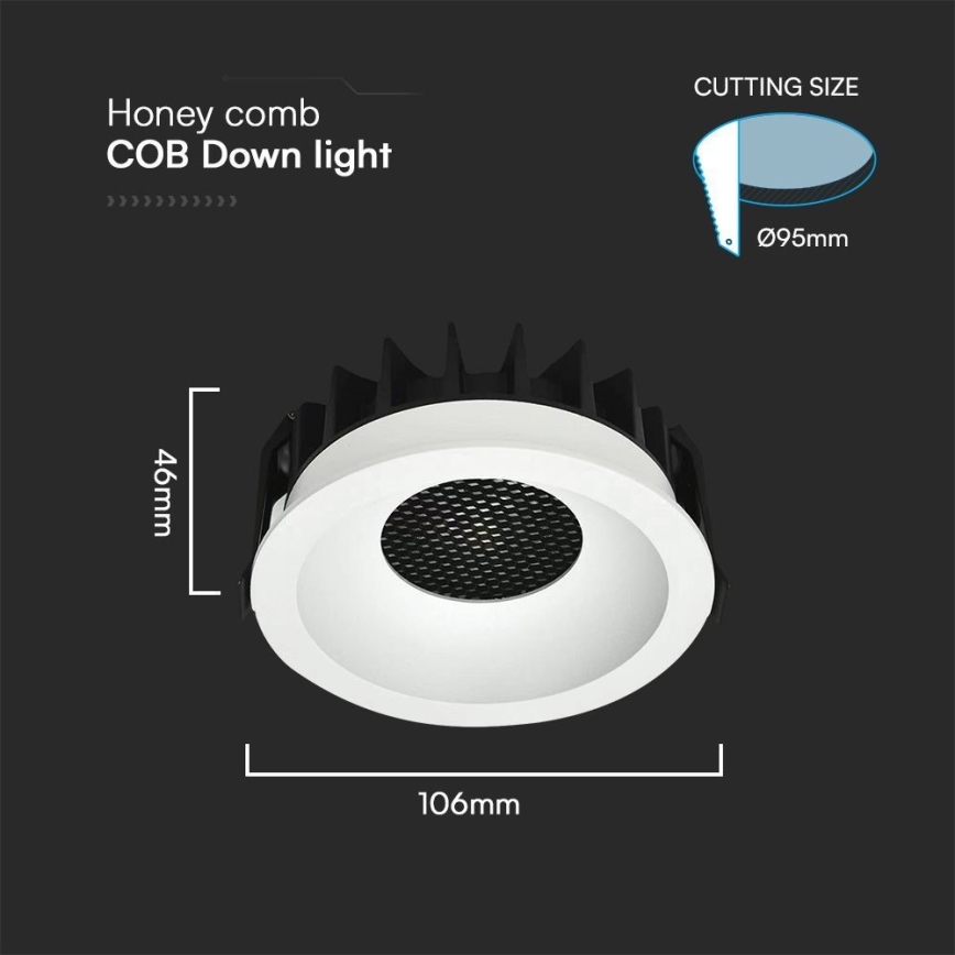 Svietidlo Honey comb COB Down light s priemerom 106 mm a výškou 46 mm je zobrazené zhora. Má biely difúzor s čiernou mriežkou. Je uvedená aj potrebná veľkosť otvoru pre montáž - Ø95mm.