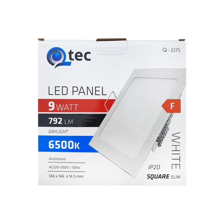 Balenie LED panela zobrazuje štvorcový, tenký panel s bielym svetlom. Panel má 9 wattov, 792 lúmenov a farbu svetla 6500K. Rozmery sú 146 x 146 x 14,5 mm, materiál je hliník, a trieda ochrany IP20. Kód produktu je Q-2275.