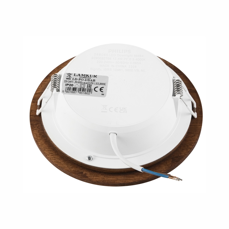 Svietidlo s dreveným rámom je zobrazené zo zadnej strany. Vidieť jeho elektrické pripojenie a technické údaje: 220-240V~50/60Hz 12.5W LED 3000K, IP20, 6 907687 451802.