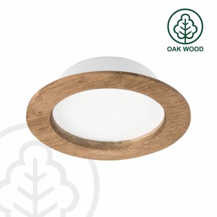 Svietidlo s bielym difúzorom je vsadené do dubového rámu. Rám má okrúhly tvar. Text na obrázku: OAK WOOD.
