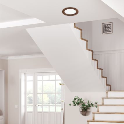 Svetlo s hnedým rámom je pripevnené na strope. Nachádza sa v svetlej miestnosti s dreveným schodiskom a bielymi dverami vedúcimi von. V blízkosti schodov je umiestnená malá rastlina v nádobe.