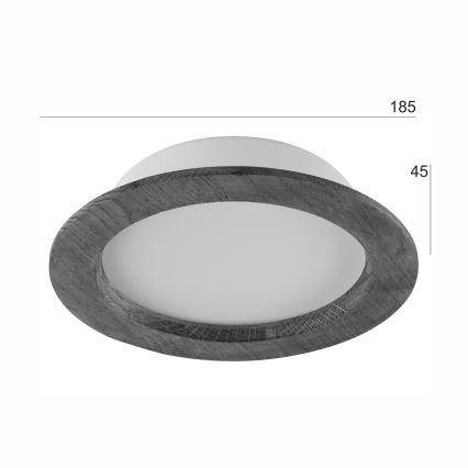 Svietidlo s bielym difúzorom a sivým dreveným rámom je zobrazené na bielom pozadí. Rozmery svietidla sú 185 x 45 mm.
