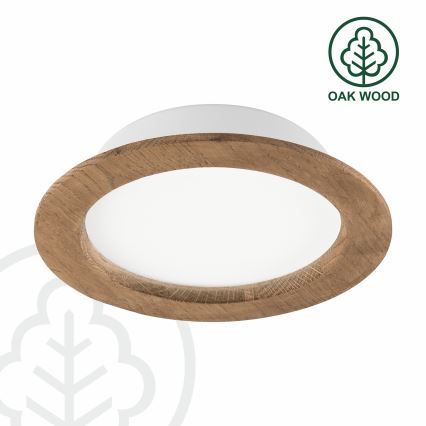 Svietidlo s bielym difúzorom je osadené v dubovom ráme. Svietidlo je určené na stropnú montáž. Text na obrázku: OAK WOOD.