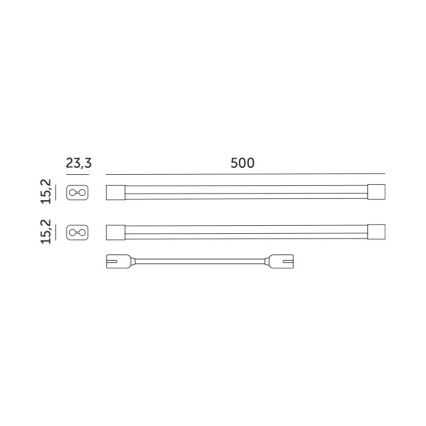 Dve rovné LED lišty s rozmermi 500 x 23,3 x 15,2 mm a pripojením na koncoch. Sú zobrazené s detailom konektorov a rozmerov.