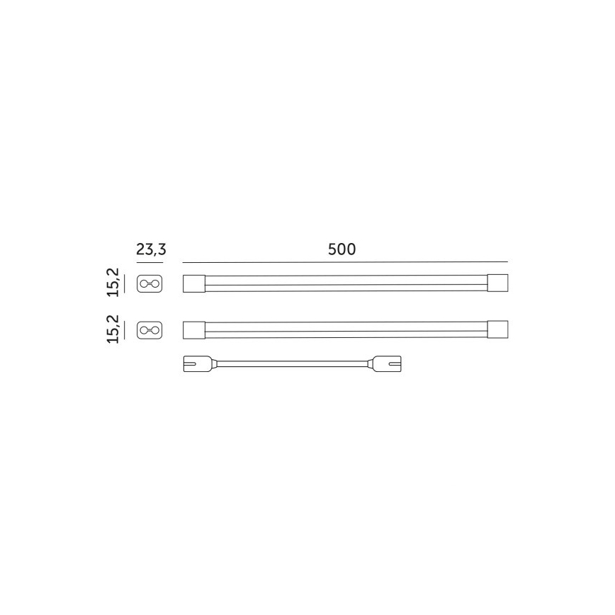 Dve rovné LED lišty s rozmermi 500 x 23,3 x 15,2 mm a pripojením na koncoch. Sú zobrazené s detailom konektorov a rozmerov.