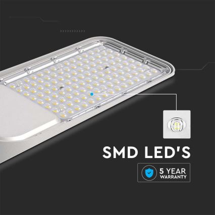 LED panel svietidlo s mnohými SMD LED diódami je zobrazené na tmavom pozadí. Detailný záber zobrazuje jednotlivé diódy. Text uvádza: SMD LED'S a 5 YEAR WARRANTY.