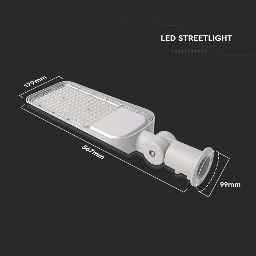 LED pouličné svetlo s rozmermi 567 mm x 179 mm x 99 mm je zobrazené na tmavom pozadí. Svetlo je biele a obsahuje mnoho malých LED diód. Text na obrázku znie: LED STREETLIGHT.