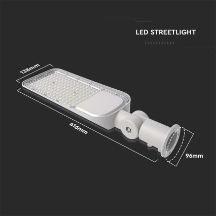 LED pouličné svetlo s rozmermi 416mm x 138mm x 96mm je zobrazené na tmavom pozadí. Svetlo má obdĺžnikový tvar s mnohými LED diódami. Je znázornený detailný pohľad so všetkými rozmermi.