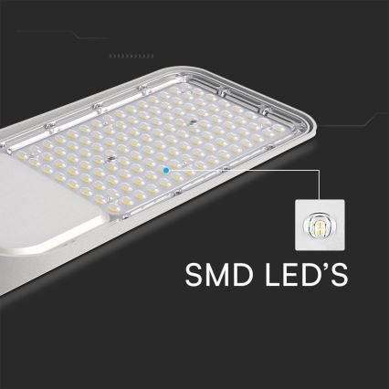 LED panel s mnohými SMD LED diódami je zobrazený na tmavom pozadí. Zväčšený detail ukazuje jednu SMD LED diódu. Text: SMD LED´s.