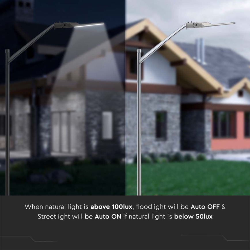 Stožiarová lampa s nástenným svietidlom osvetľuje dom. Lampa sa automaticky zapína pri intenzite okolitého svetla pod 50 luxov a vypína nad 100 luxov.