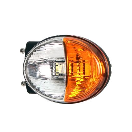 Svietidlo svieti. Oválny tvar, biela a oranžová časť, uchytené dvomi skrutkami. Biela časť obsahuje LED diódy.